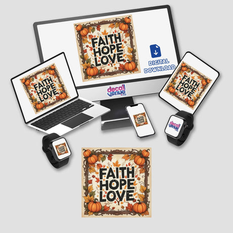 Autumn Faith Hope Love Thanksgiving Clipart available as stickers or digital artwork, featuring pumpkins and leaves displayed on a computer monitor, laptop, and tablet.