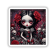 Halloween Brat: A cartoon girl with roses in her hair, featuring close-up details of eyes and a skull. Available as stickers or digital artwork.