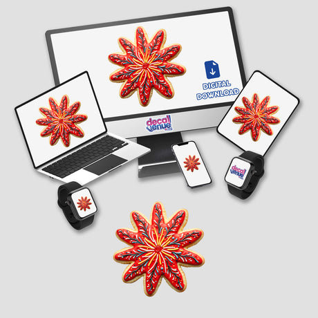 Firework Shaped Cookie with Colorful Icing Explosions displayed on a computer monitor and laptop screen, showcasing the intricate and vibrant design available as stickers or digital artwork.