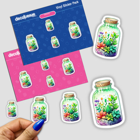 Enchanted Chibi Greens: Magic Plants in a Clear Glass Bottle sticker featuring cartoon jars and bottles adorned with flowers and leaves, ideal for decoration or digital art from Decal Venue.