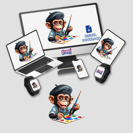 Artistic Chimpanzee Painting with Vibrant Palette displayed on laptop screen, showcasing a cartoon monkey painting with a brush. Available as stickers or digital artwork from Decal Venue.