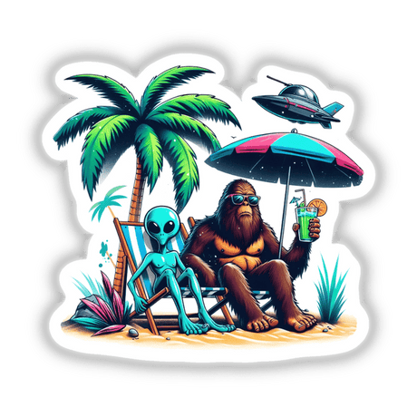 Sasquatch and Alien Chillin on Beach: A whimsical digital artwork featuring a cartoon gorilla and alien lounging on a beach chair, surrounded by playful elements like palm trees and umbrellas, available as stickers or digital art.