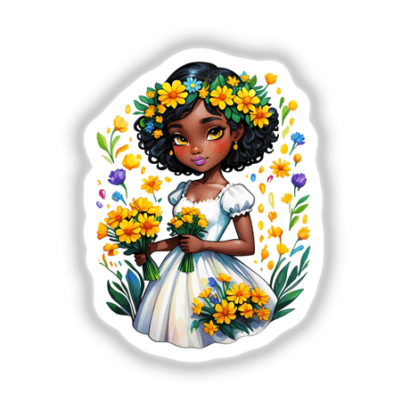 Sunshine Bloom: Cartoon girl holding flowers, offered as stickers or digital artwork.