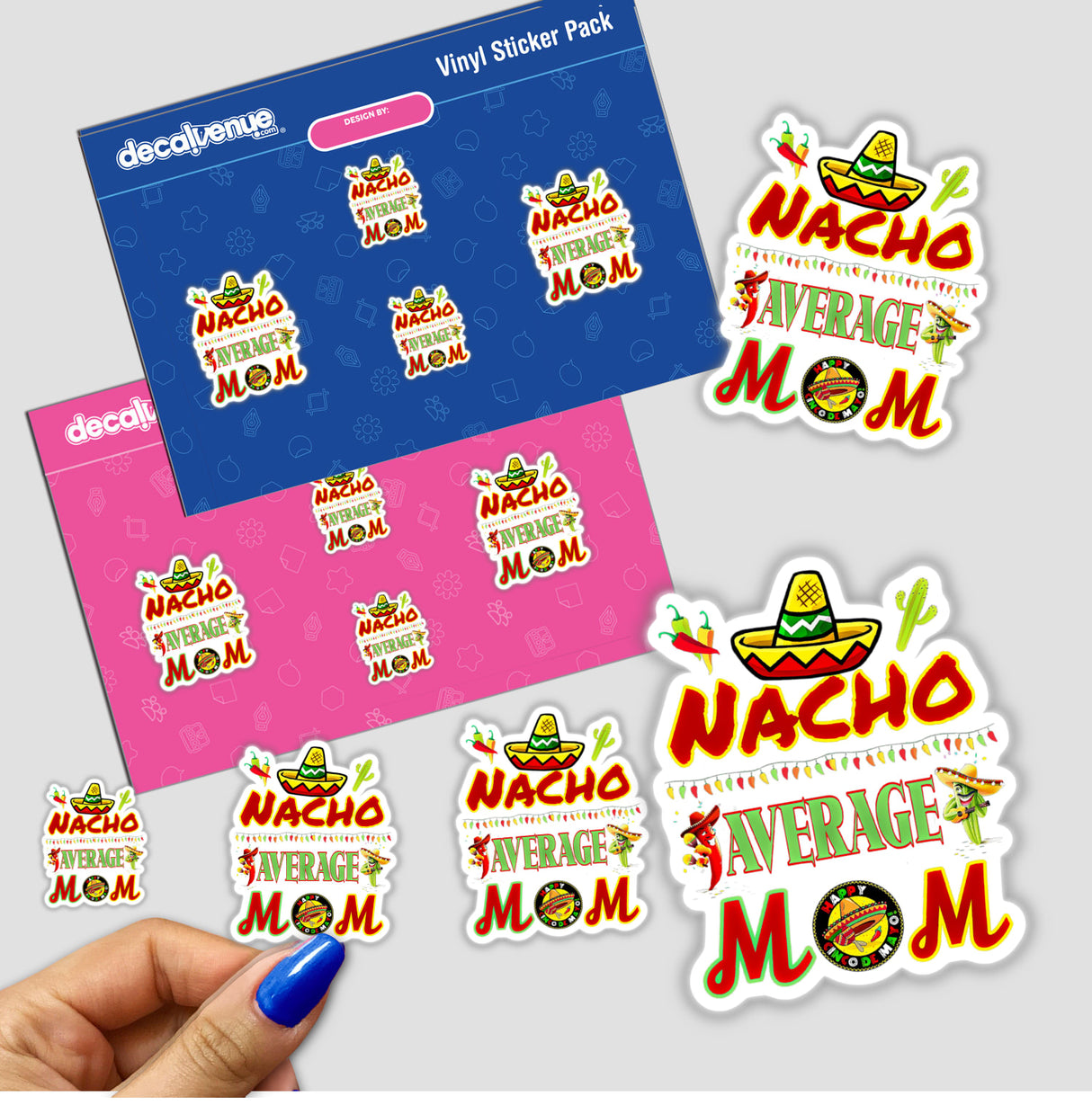 Nacho average mom sticker pack featuring playful designs, including a hat, cactus, and Mexican food-themed stickers, with a hand partially visible, showcasing the vibrant, unique style of Decal Venue.