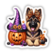 Cute Halloween German Shepherd dog wearing witch hat, pumpkin decor