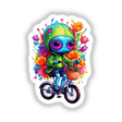 Alien Biker: Floral Splash Rainbow - a cartoon character rides a bicycle with a basket of flowers, available as stickers or digital artwork from Decal Venue.