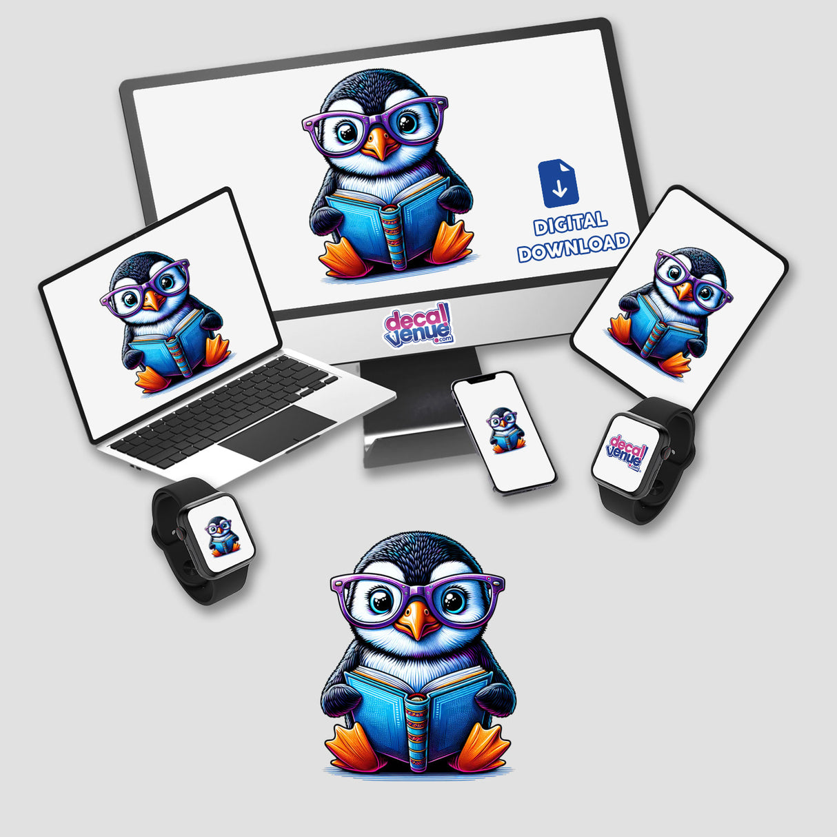 Penguin With Reading Glasses Open Book displayed on a computer monitor and laptop, showcasing as stickers or digital artwork. The image features a cartoon penguin reading, emphasizing Decal Venue's unique offerings.