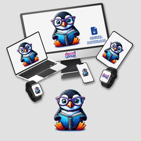 Penguin With Reading Glasses Open Book displayed on a computer monitor and laptop, showcasing as stickers or digital artwork. The image features a cartoon penguin reading, emphasizing Decal Venue's unique offerings.