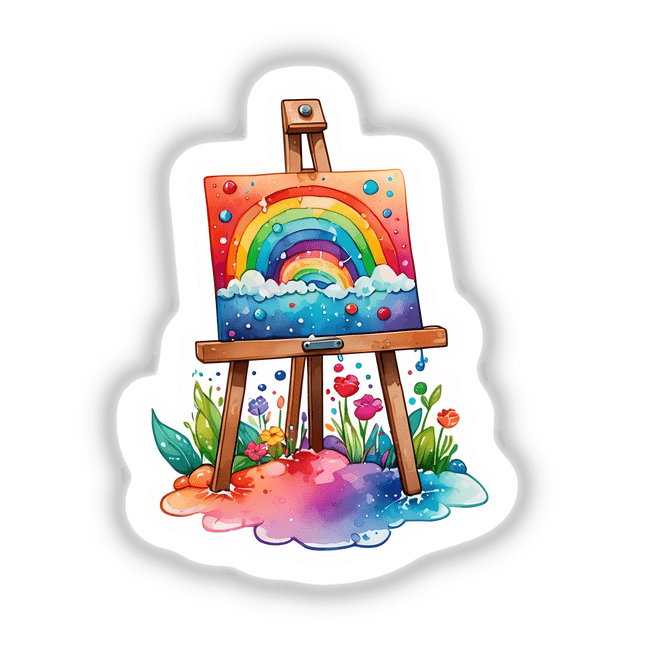 Easel with a canvas featuring vibrant child art, available as stickers or digital artwork.