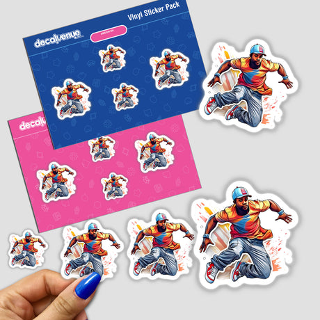 Vibrant digital stickers depicting an action-packed, stylized male character jumping and leaping against a colorful background, with the Decal Venue logo visible. These dynamic, artistic stickers showcase an energetic, athletic figure in motion, perfect for adding a bold, expressive touch to various surfaces.