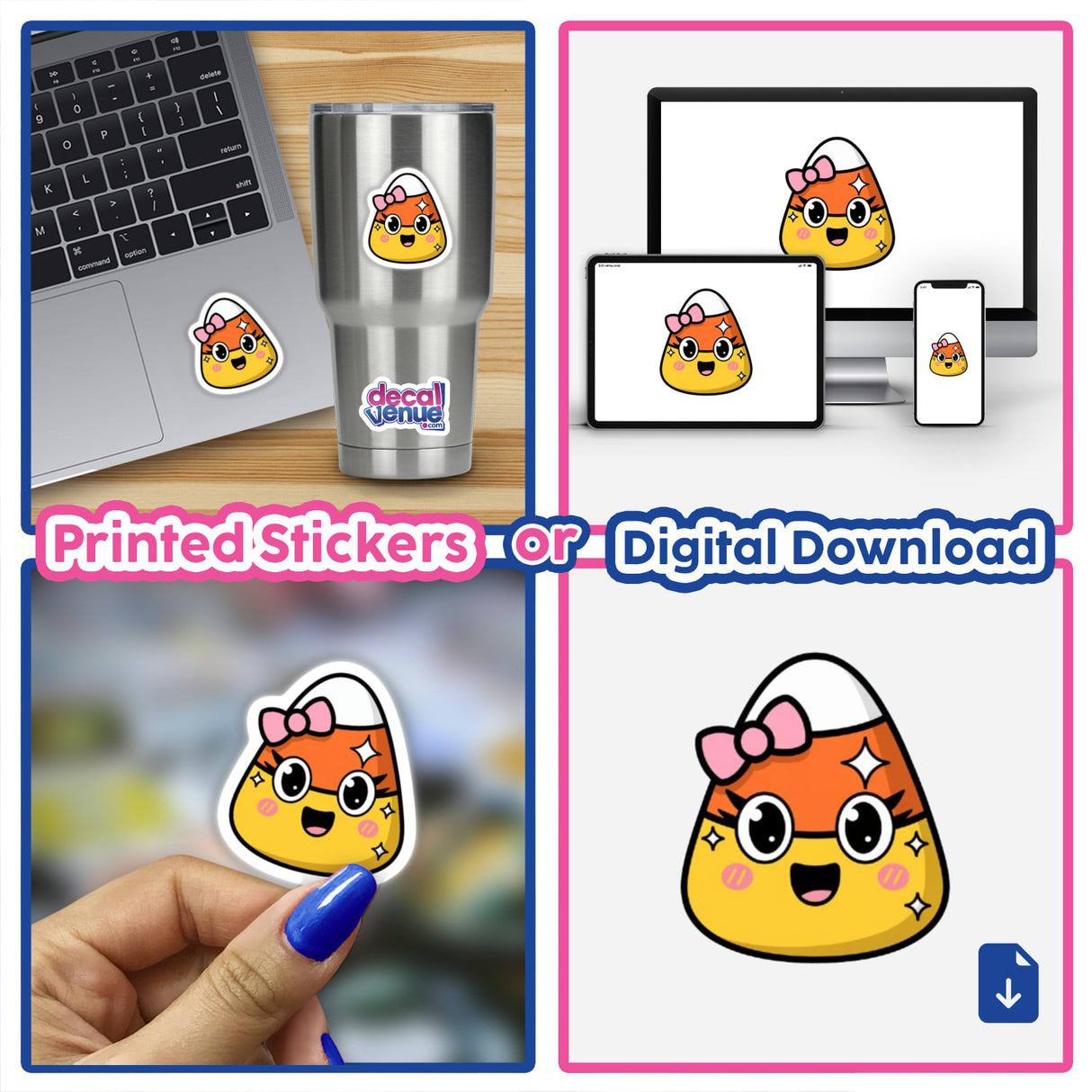 Kawaii Candy Corn Sticker – Adorable Halloween Treat featuring a cartoon candy corn with a pink bow, perfect for laptops, cups, or nails. Available as stickers or digital artwork.