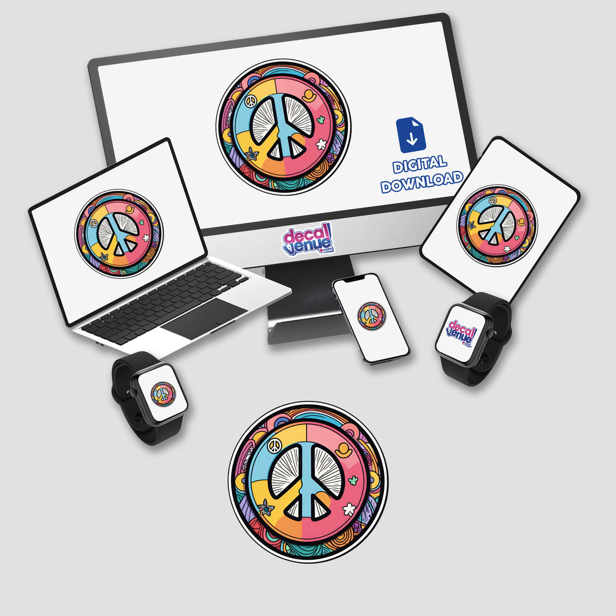 Colorful peace symbol digital artwork displayed on various devices and products from Decal Venue, an online store offering unique stickers and digital art created by talented designers.