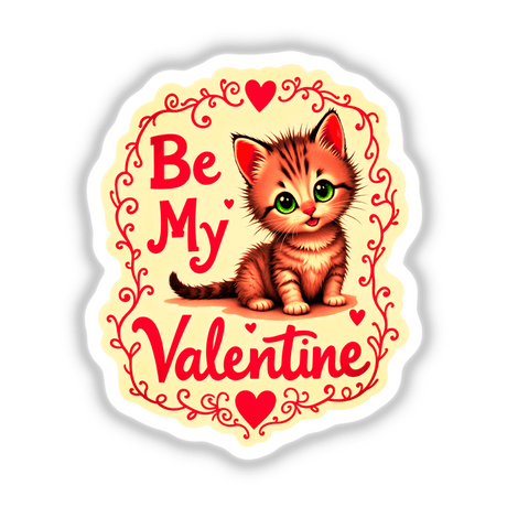 Be My Valentine Valentine's Day Kitten sticker featuring a cartoon kitten's face with expressive eyes, perfect for adding a touch of whimsy to your collection or digital art display.