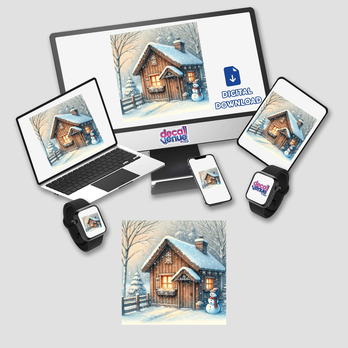 Cozy Winter Cabin in the Snow stickers or digital artwork displayed on a computer monitor, laptop, tablet, and smartphone, featuring a house with a snowman outside.