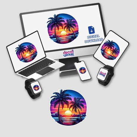 Bright retro tropical sunset digital artwork with palm trees and vibrant sunset colors displayed on various digital devices.