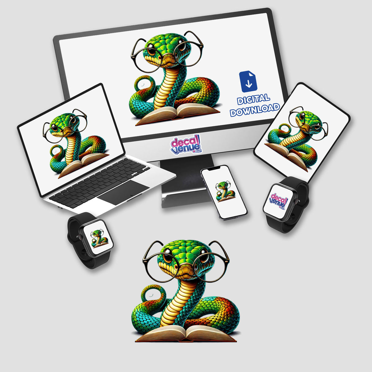 Snake With Reading Glasses Open Book artwork featuring a clever snake in glasses engrossed in a book, available as vinyl stickers and digital art from Decal Venue.