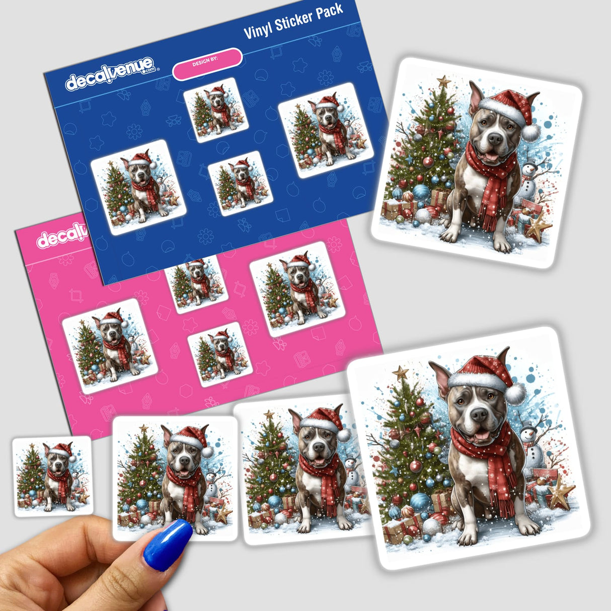 Sticker pack featuring a watercolor Christmas Pitbull Dog in a Santa hat, held in hand. Available as stickers or digital artwork.