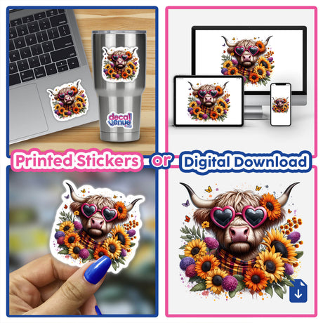 Highland Cow in Sunflowers sticker, featuring a cow with sunglasses surrounded by flowers, showcased on a laptop and phone. Available as stickers or digital artwork from Decal Venue.