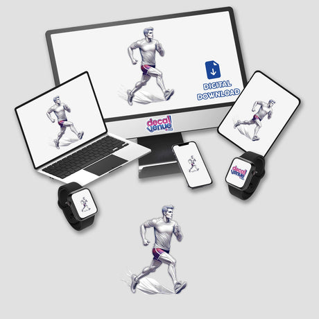 Athletic male runner in action depicted across multiple digital devices and product mockups