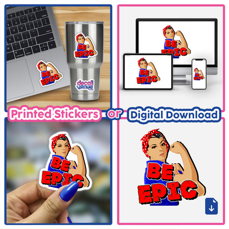 Collage featuring 'Be Epic' stickers, illustrating a woman flexing her muscles, available as stickers or digital artwork from Decal Venue, highlighting unique and empowering designs.