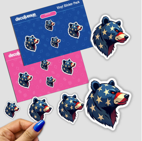 A Cool American Flag Bear sticker featuring a cartoon bear adorned with stars and stripes, ideal for digital art or decals from Decal Venue.