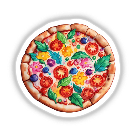 Flower pizza adorned with an array of vegetables and blossoms, available as stickers or digital artwork.