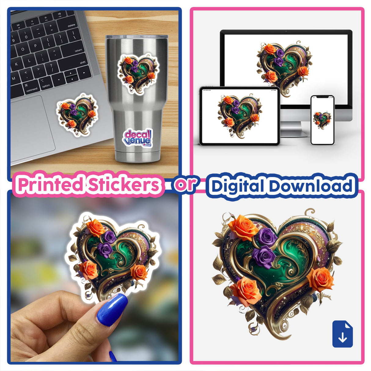 Gold Swirl Heart with Orange and Purple Roses sticker on a laptop, featuring intricate floral designs, available as stickers or digital artwork.