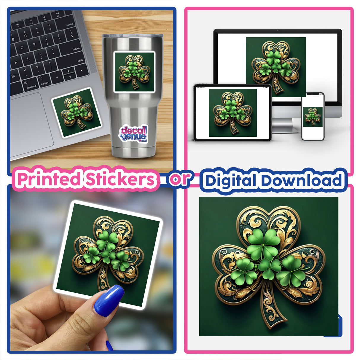 Elegant Shamrock with Gold Filigree featured in a collage, showcasing its intricate design as a sticker or digital artwork from Decal Venue, emphasizing unique creations in vinyl and digital formats.