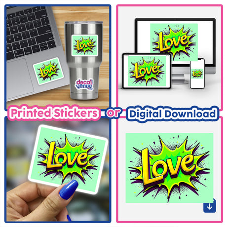 Collage featuring Love Valentine's Day themed laptop stickers and digital artwork, showcasing close-ups of a hand holding a card and a laptop with a decorative sticker.