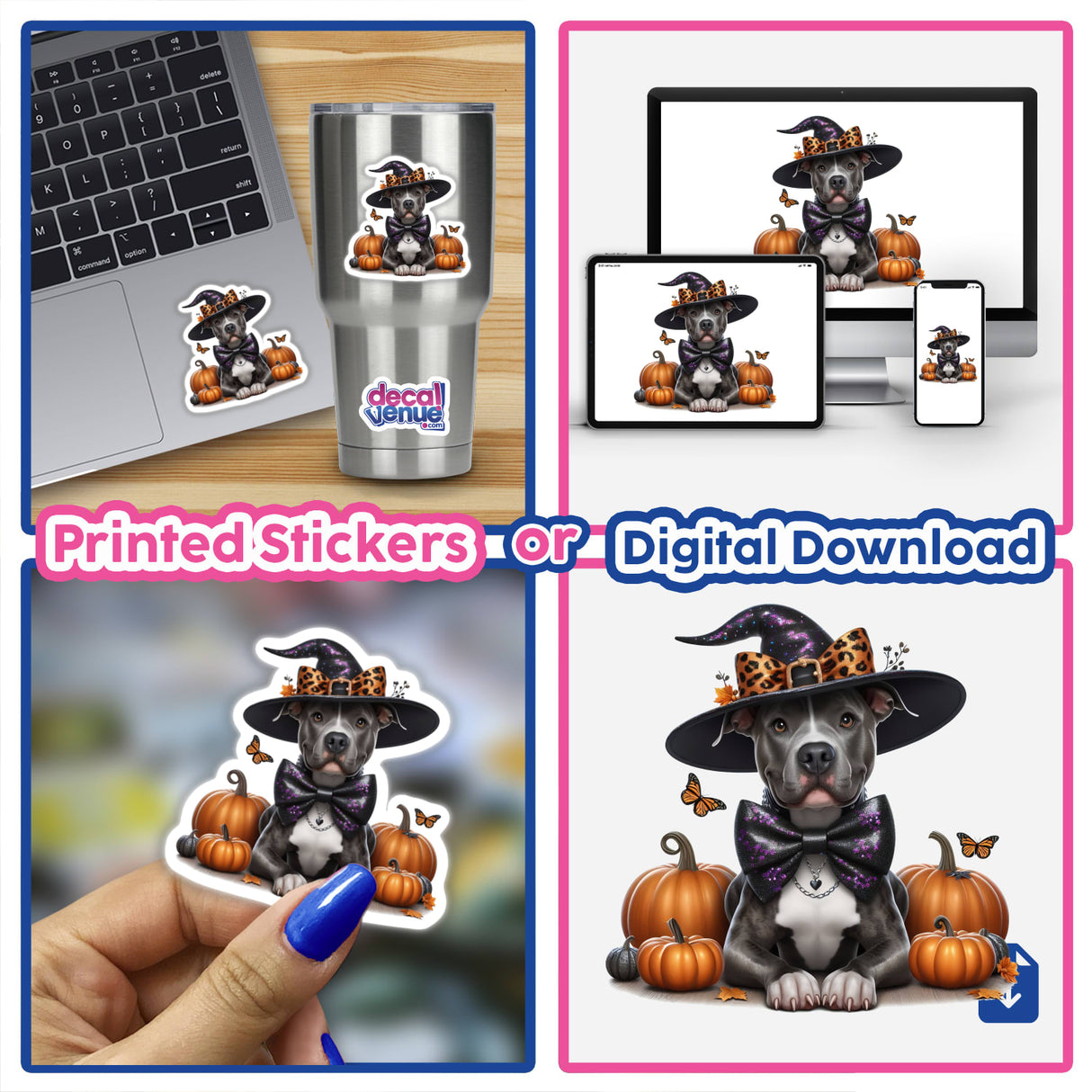 Sitting Pretty Halloween Pitbull Dog collage with a stylish pitbull wearing a hat and bow tie, and a laptop adorned with a sticker. Available as Stickers or Digital Artwork.