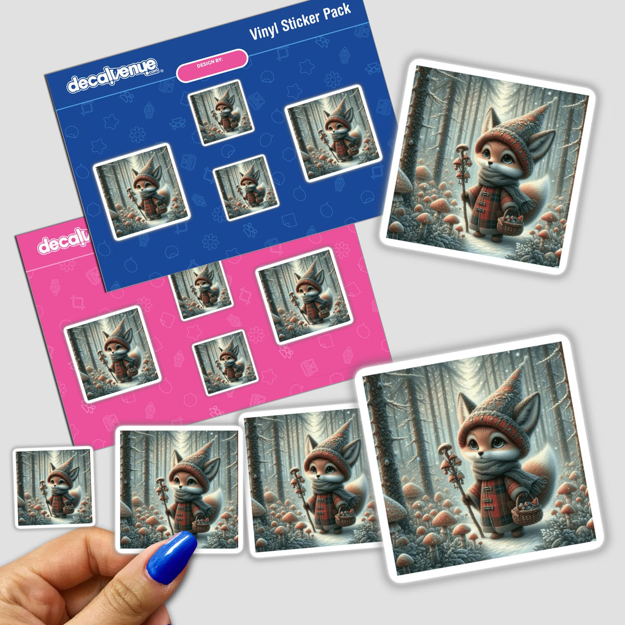 Sticker pack titled Foxy Forager shows cartoon foxes engaging in various activities like holding a stick, wearing a hat and scarf, and carrying a basket and mushroom.