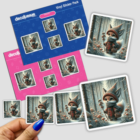 Sticker pack titled Foxy Forager shows cartoon foxes engaging in various activities like holding a stick, wearing a hat and scarf, and carrying a basket and mushroom.