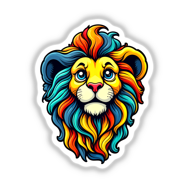 A Cute Little Lion cartoon illustration available as a sticker or digital artwork, featuring a vibrant lion head with distinctive, colorful details. Perfect for adding a playful touch to any collection.