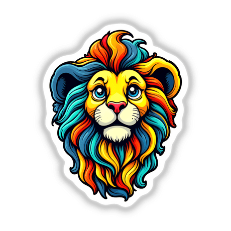 A Cute Little Lion cartoon illustration available as a sticker or digital artwork, featuring a vibrant lion head with distinctive, colorful details. Perfect for adding a playful touch to any collection.