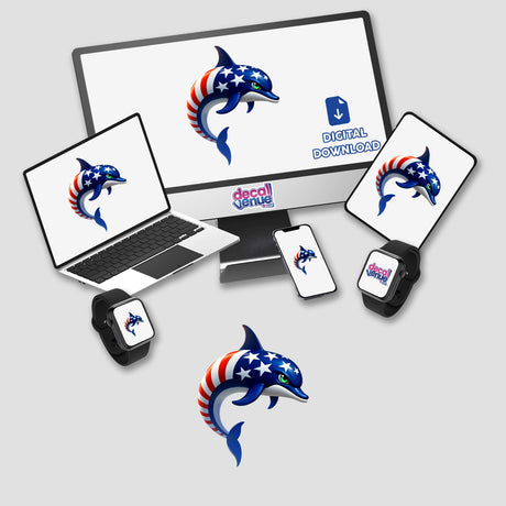 A Cool American Flag Dolphin design displayed on a computer monitor and laptop, available as stickers or digital artwork from Decal Venue.