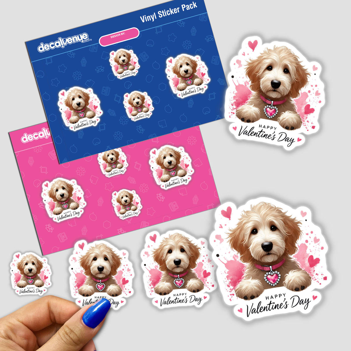 Cute Goldendoodle Valentine Dog sticker pack held in hand, featuring playful dog illustrations with pink collars, available as unique stickers or digital artwork from Decal Venue.