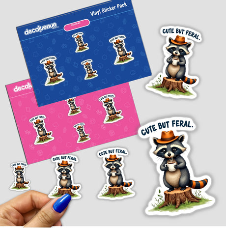 Cute But Feral Raccoon Quote stickers, featuring cartoon raccoons holding coffee, perfect for adding a whimsical touch to your items. Available as decals or digital artwork from Decal Venue.