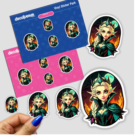 An Evil Queen Anime Girl sticker pack features cartoon characters, including a crowned woman in a cape, embodying unique vinyl art from Decal Venue. Available as stickers or digital artwork.