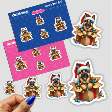 Christmas Lights Santa German Shepherd Dog in Gift Box sticker pack, featuring cartoon-style dogs adorned with festive lights and a Santa hat, available as stickers or digital artwork.