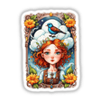 Mystical Tarot Card Girl Sticker features a cartoon girl with a bird on her head and surrounded by flowers, perfect for tarot fans seeking unique art from Decal Venue.