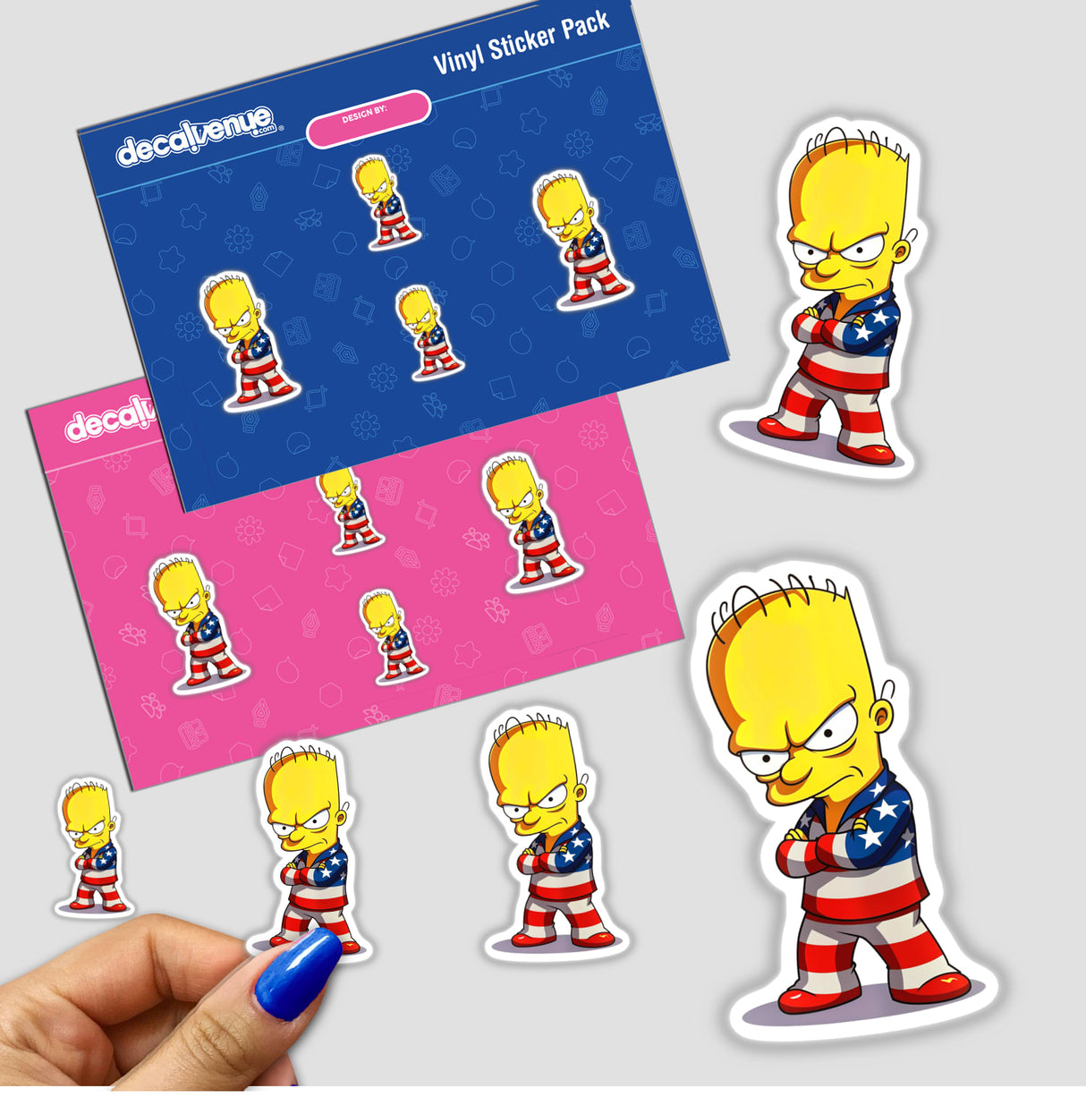 Stickers featuring a cartoon character titled A Funny Guy With An American Flag Outfit, available as unique vinyl stickers or digital artwork from Decal Venue.