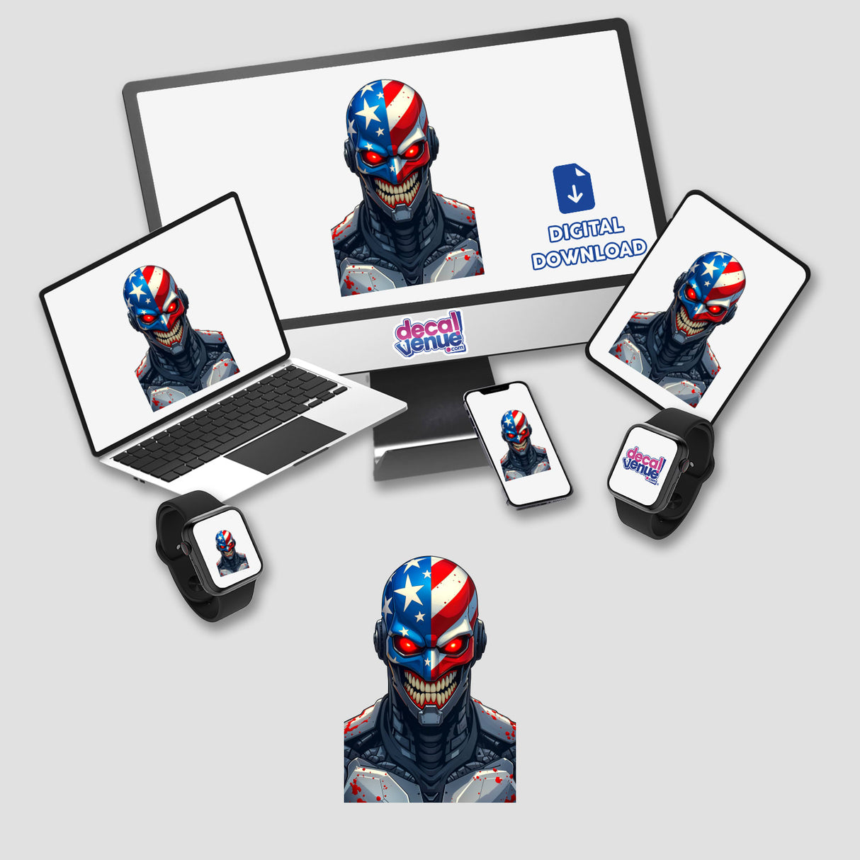 A Cool American Flag Army Cyborg depicted as digital artwork, featuring a robotic figure with a flag motif on screens and devices, available as stickers or digital art.