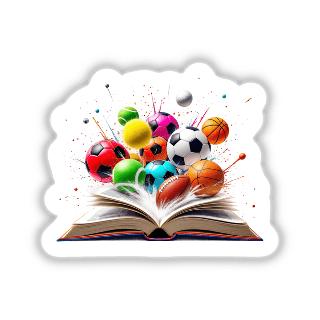 Colorful Sports Balls Bursting from an Open Book artwork featuring soccer, basketball, and tennis balls emerging from an open book, symbolizing creativity and sports enthusiasm. Available as stickers or digital art.