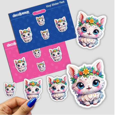 Hand holding Adorable Fluffy White Creature Sticker - Cute Kawaii Animal Design featuring a cartoon animal with flowers on its head, showcasing the sticker's intricate details and playful design.