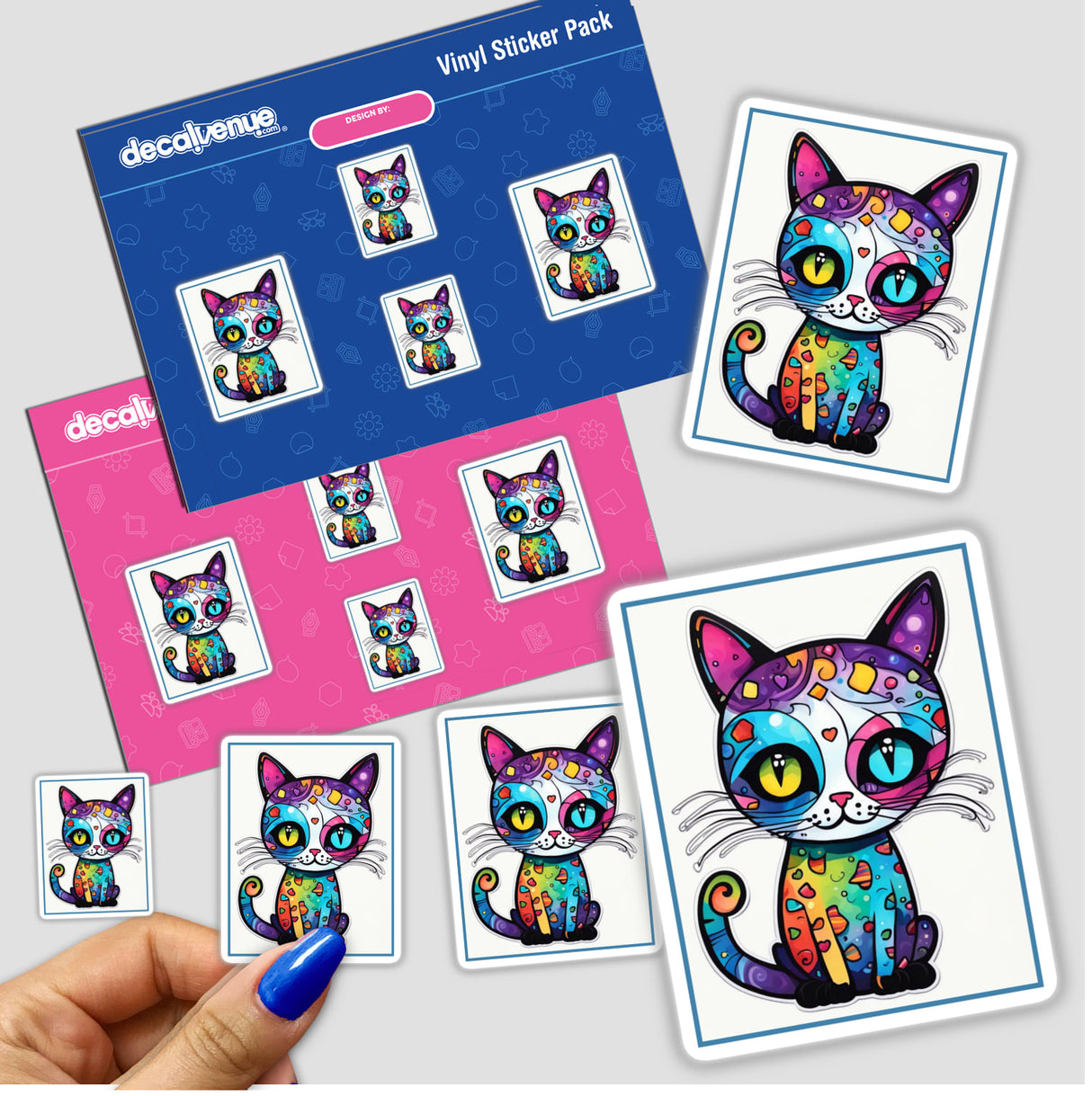 Cat of Many Colors sticker featuring a vibrant cartoon cat. Available as a sticker or digital artwork, the design showcases the cat's playful pose, ideal for fans of unique and colorful decals.