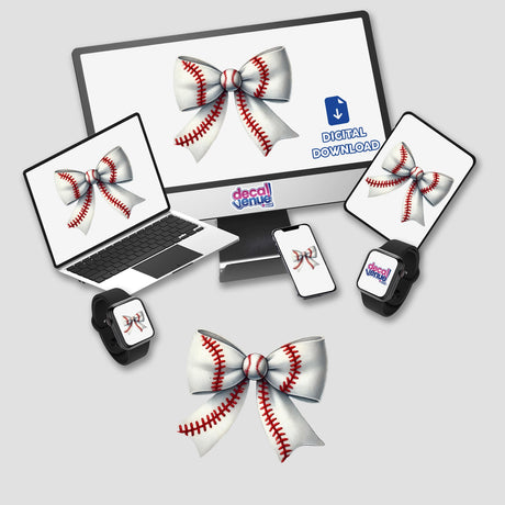 Coquette Baseball Bow sticker displayed on a laptop, phone, and monitor, showcasing its digital artwork and unique red-stitched bow design, perfect for decorating electronic devices.