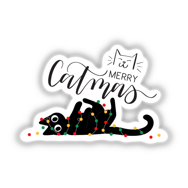 Merry Cat Christmas sticker or digital artwork featuring a playful black cat intertwined with colorful lights, embodying Decal Venue's unique and artistic flair. Perfect for festive decoration or digital use.