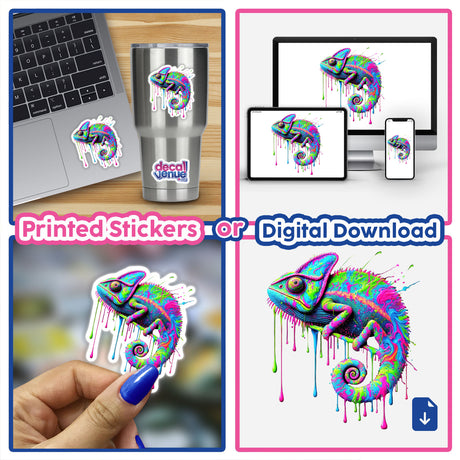 Vibrant Psychedelic Drip Chameleon sticker collage, featuring a trippy neon lizard design on items like a laptop, phone, and cup, showcasing its versatile application as stickers or digital artwork.