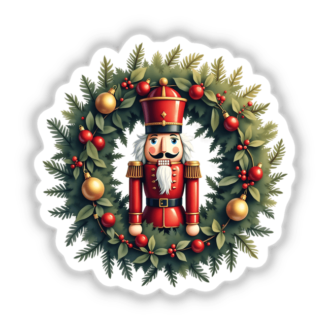 Nutcracker Soldier in a Christmas Wreath depicted with intricate details, available as stickers or digital artwork, showcasing vibrant holiday ornaments and festive charm.