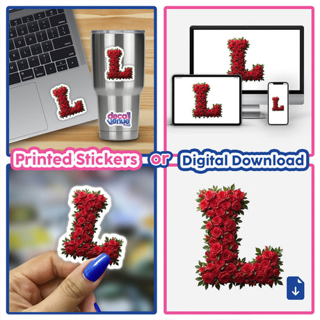 Elegant Floral Letter L Clipart - Downloadable Sticker with Commercial Rights displayed on a laptop, collage includes a hand holding a floral letter L and a close-up of a letter L made of roses.